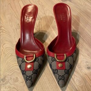 Gucci Red and Black Mules with Gold Buckle